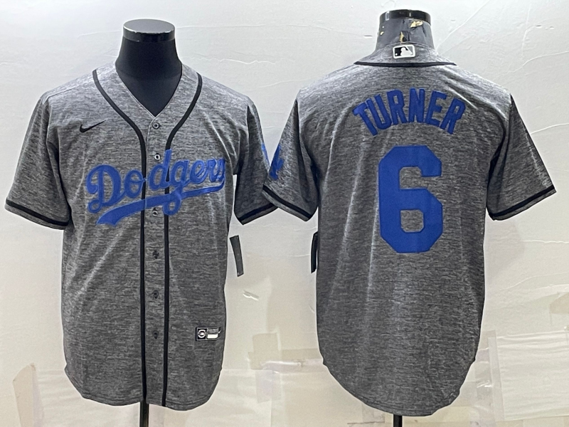 Men's Los Angeles Dodgers #6 Trea Turner Grey Cool Base Stitched Jersey